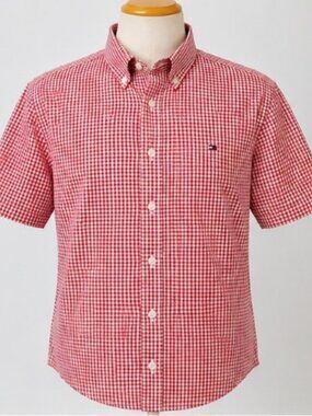 TOMMY HILFIGER MEN'S SHORT SLEEVE BUTTON DOWN SHIRT - BLUE & WHITE-18.5 NECK